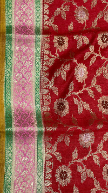 Faishana Pure Handloom Red Munga Silk Floral Silver Minkari Zari Jaal with Contrast Gold Zig-Zag Pallu and Rangkaat Zari Border with Mustard Blouse