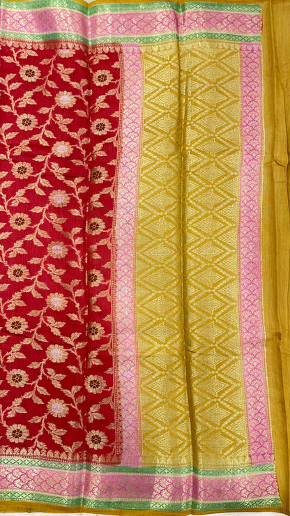 Faishana Pure Handloom Red Munga Silk Floral Silver Minkari Zari Jaal with Contrast Gold Zig-Zag Pallu and Rangkaat Zari Border with Mustard Blouse