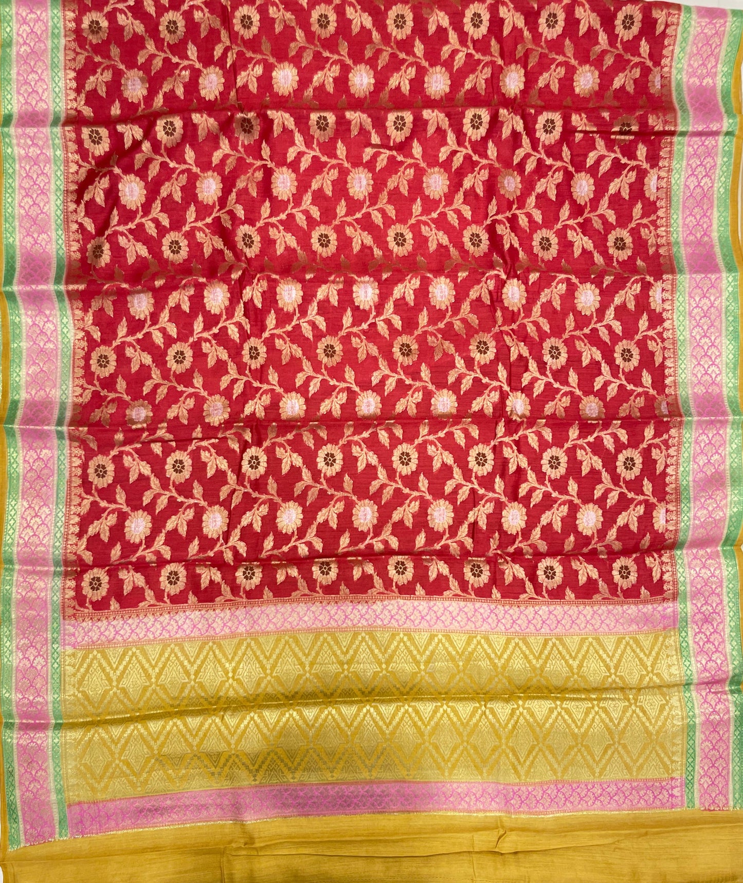 Faishana Pure Handloom Red Munga Silk Floral Silver Minkari Zari Jaal with Contrast Gold Zig-Zag Pallu and Rangkaat Zari Border with Mustard Blouse