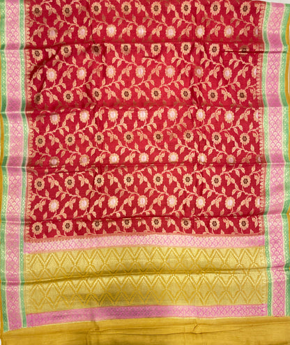 Faishana Pure Handloom Red Munga Silk Floral Silver Minkari Zari Jaal with Contrast Gold Zig-Zag Pallu and Rangkaat Zari Border with Mustard Blouse
