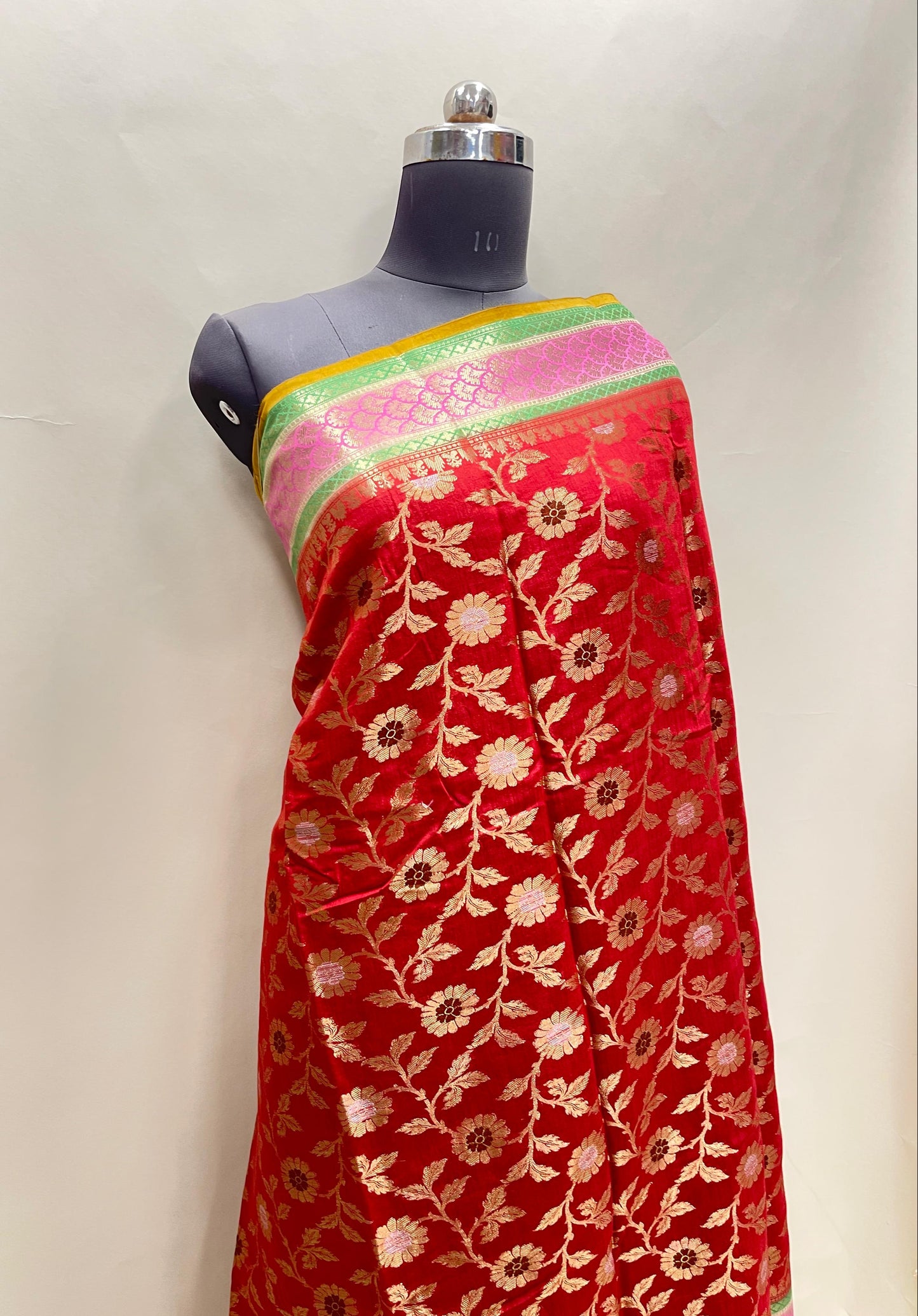 Faishana Pure Handloom Red Munga Silk Floral Silver Minkari Zari Jaal with Contrast Gold Zig-Zag Pallu and Rangkaat Zari Border with Mustard Blouse