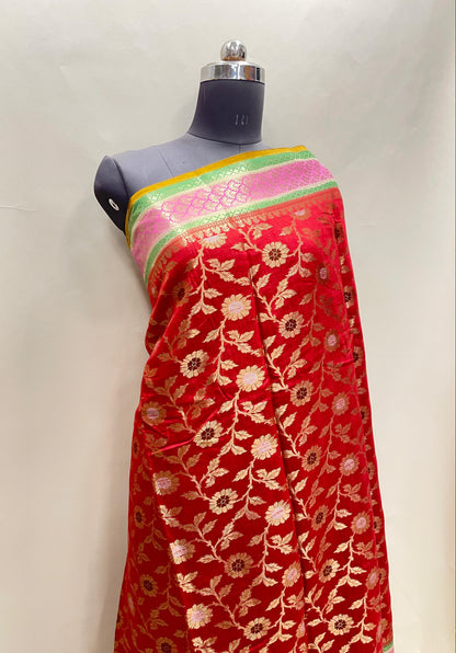 Faishana Pure Handloom Red Munga Silk Floral Silver Minkari Zari Jaal with Contrast Gold Zig-Zag Pallu and Rangkaat Zari Border with Mustard Blouse