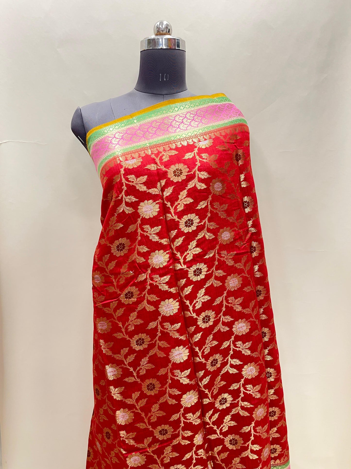 Faishana Pure Handloom Red Munga Silk Floral Silver Minkari Zari Jaal with Contrast Gold Zig-Zag Pallu and Rangkaat Zari Border with Mustard Blouse