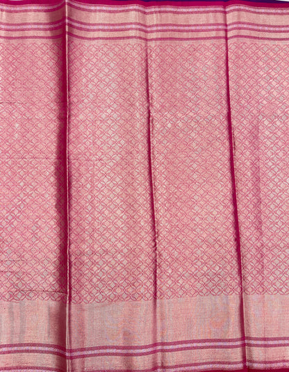 Faishana Pure Handloom Purple Munga Silk Floral Copper Zari Booti with Contrast Magenta Floral Jaal Pallu Skirt Zari Border with Magenta Blouse