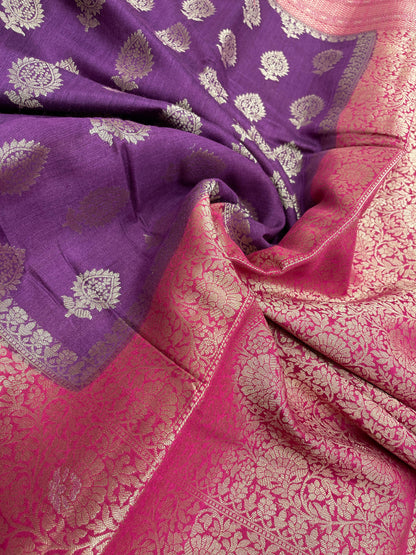 Faishana Pure Handloom Purple Munga Silk Floral Copper Zari Booti with Contrast Magenta Floral Jaal Pallu Skirt Zari Border with Magenta Blouse