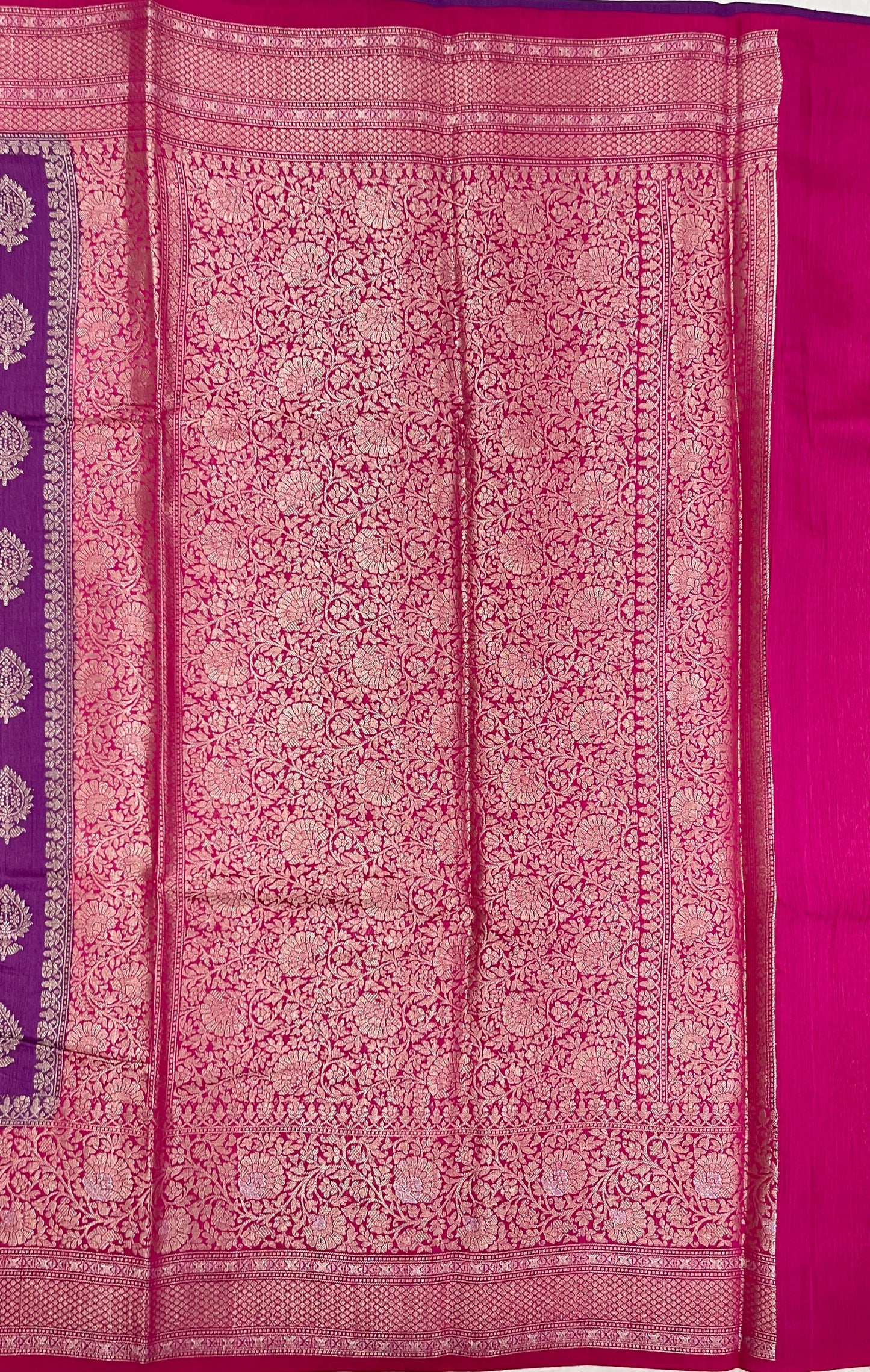 Faishana Pure Handloom Purple Munga Silk Floral Copper Zari Booti with Contrast Magenta Floral Jaal Pallu Skirt Zari Border with Magenta Blouse