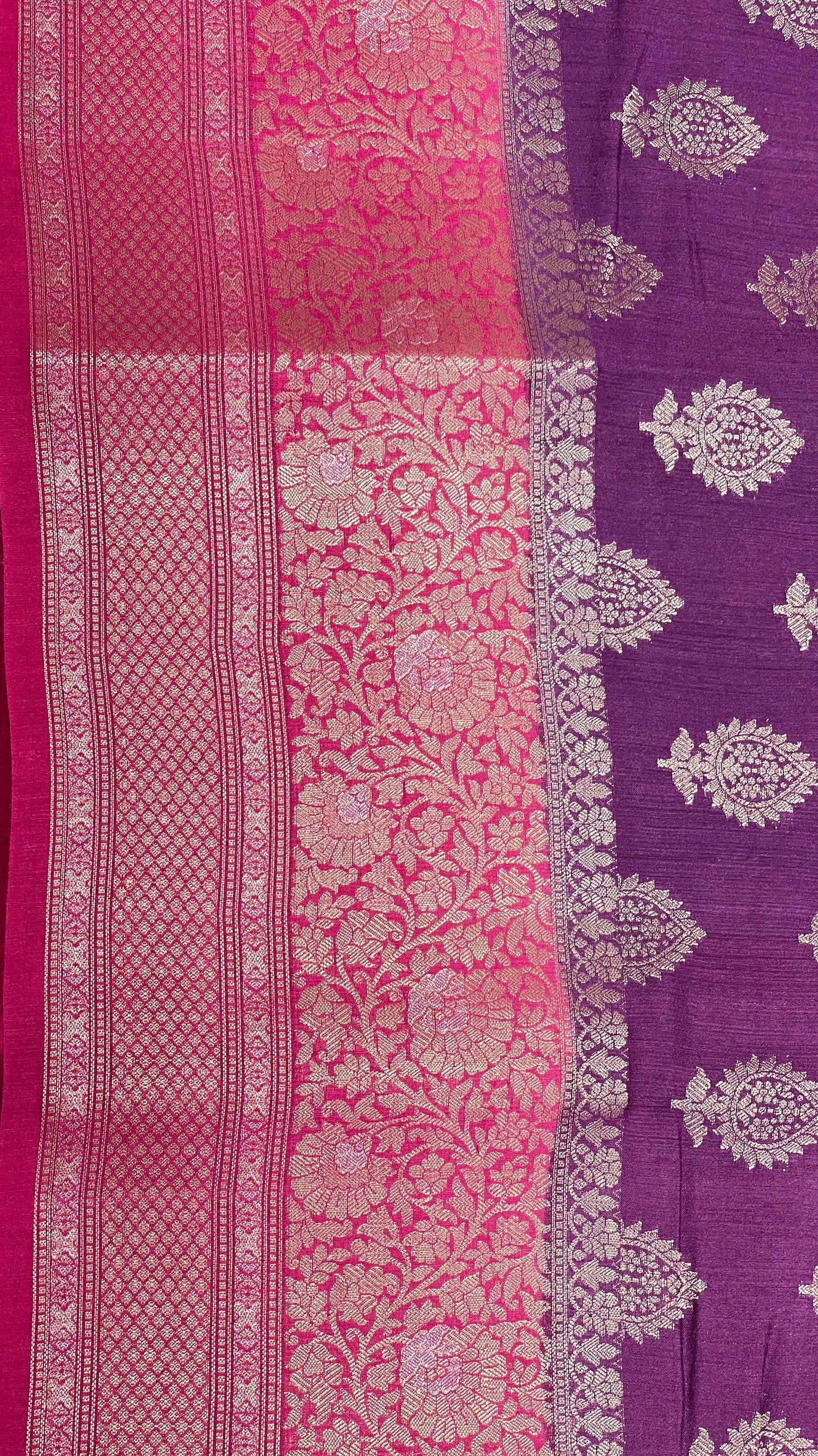 Faishana Pure Handloom Purple Munga Silk Floral Copper Zari Booti with Contrast Magenta Floral Jaal Pallu Skirt Zari Border with Magenta Blouse
