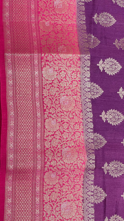 Faishana Pure Handloom Purple Munga Silk Floral Copper Zari Booti with Contrast Magenta Floral Jaal Pallu Skirt Zari Border with Magenta Blouse