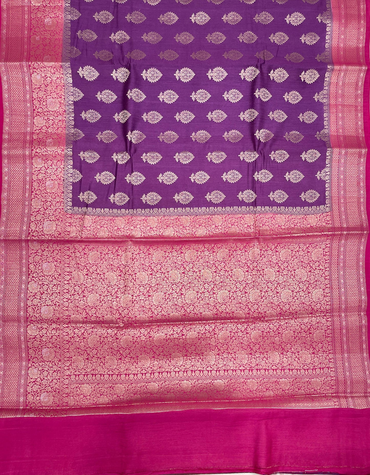 Faishana Pure Handloom Purple Munga Silk Floral Copper Zari Booti with Contrast Magenta Floral Jaal Pallu Skirt Zari Border with Magenta Blouse