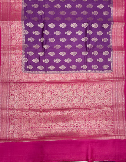 Faishana Pure Handloom Purple Munga Silk Floral Copper Zari Booti with Contrast Magenta Floral Jaal Pallu Skirt Zari Border with Magenta Blouse