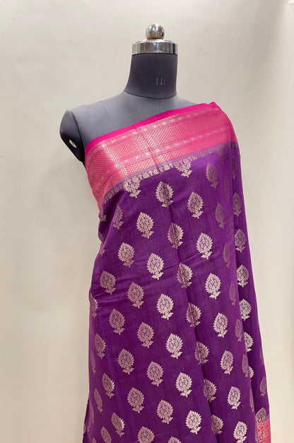 Faishana Pure Handloom Purple Munga Silk Floral Copper Zari Booti with Contrast Magenta Floral Jaal Pallu Skirt Zari Border with Magenta Blouse