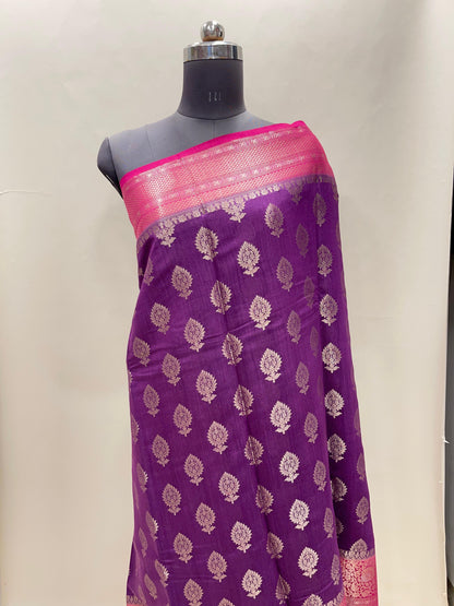 Faishana Pure Handloom Purple Munga Silk Floral Copper Zari Booti with Contrast Magenta Floral Jaal Pallu Skirt Zari Border with Magenta Blouse