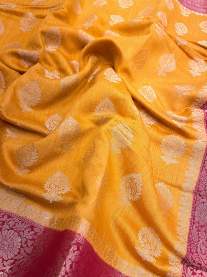 Faishana Pure Handloom Gold Munga Silk Floral Gold Zari Booti with Contrast Maroon Floral Jaal Pallu Skirt Zari Border with Maroon Blouse