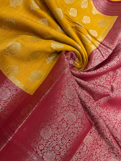 Faishana Pure Handloom Gold Munga Silk Floral Gold Zari Booti with Contrast Maroon Floral Jaal Pallu Skirt Zari Border with Maroon Blouse