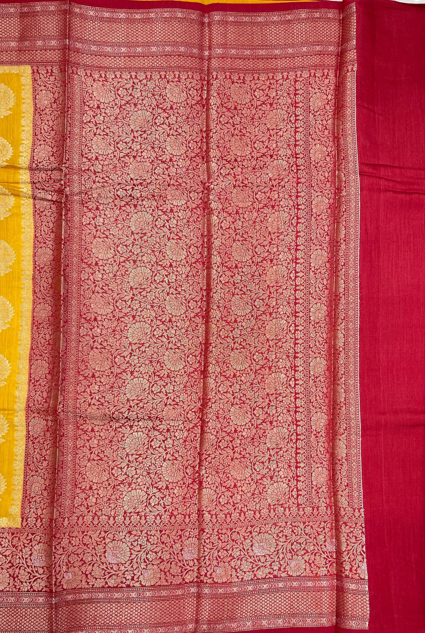 Faishana Pure Handloom Gold Munga Silk Floral Gold Zari Booti with Contrast Maroon Floral Jaal Pallu Skirt Zari Border with Maroon Blouse