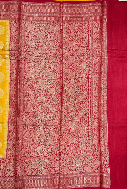 Faishana Pure Handloom Gold Munga Silk Floral Gold Zari Booti with Contrast Maroon Floral Jaal Pallu Skirt Zari Border with Maroon Blouse