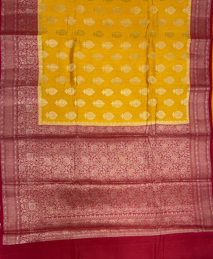 Faishana Pure Handloom Gold Munga Silk Floral Gold Zari Booti with Contrast Maroon Floral Jaal Pallu Skirt Zari Border with Maroon Blouse