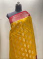 Faishana Pure Handloom Gold Munga Silk Floral Gold Zari Booti with Contrast Maroon Floral Jaal Pallu Skirt Zari Border with Maroon Blouse