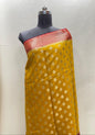 Faishana Pure Handloom Gold Munga Silk Floral Gold Zari Booti with Contrast Maroon Floral Jaal Pallu Skirt Dual Shade Zari Border with Maroon Blouse