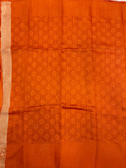 Faishana Pure Handloom Red Munga Silk Floral Gold Zari Booti with Contrast Orange Floral Jaal Pallu Skirt Dual Shade Zari Border with Orange Blouse