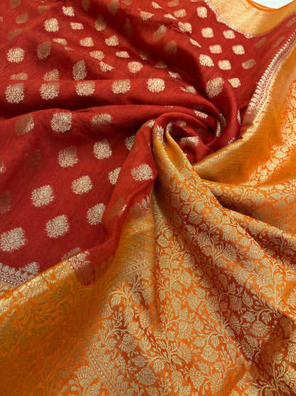 Faishana Pure Handloom Red Munga Silk Floral Gold Zari Booti with Contrast Orange Floral Jaal Pallu Skirt Dual Shade Zari Border with Orange Blouse