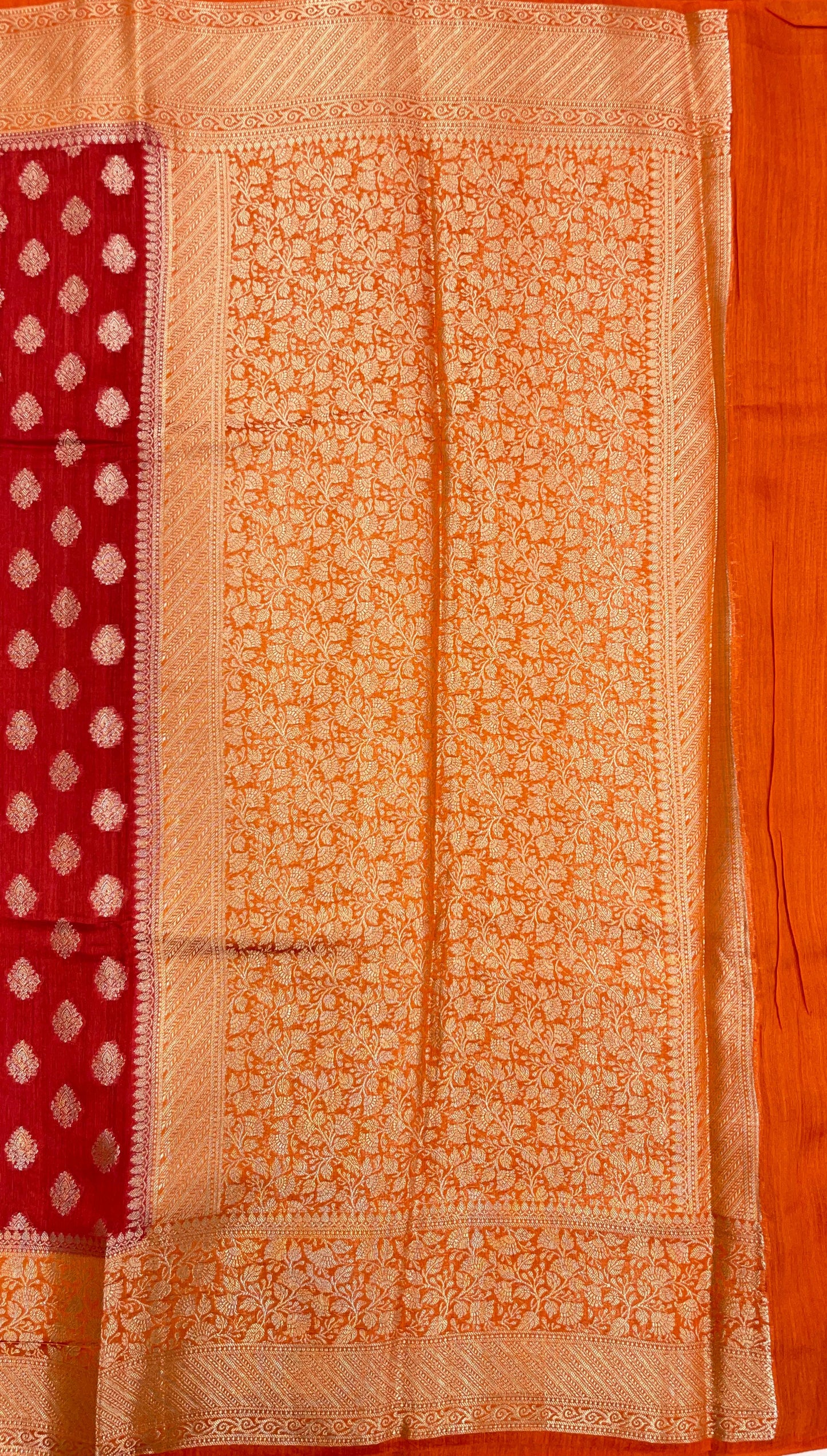Faishana Pure Handloom Red Munga Silk Floral Gold Zari Booti with Contrast Orange Floral Jaal Pallu Skirt Dual Shade Zari Border with Orange Blouse