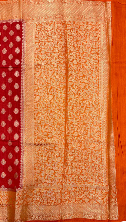 Faishana Pure Handloom Red Munga Silk Floral Gold Zari Booti with Contrast Orange Floral Jaal Pallu Skirt Dual Shade Zari Border with Orange Blouse