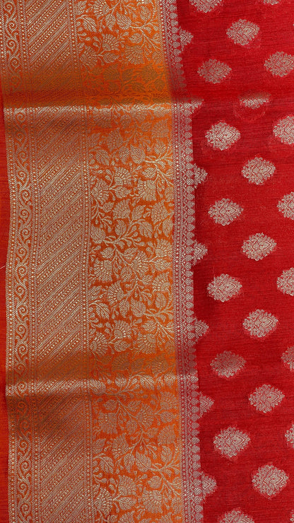 Faishana Pure Handloom Red Munga Silk Floral Gold Zari Booti with Contrast Orange Floral Jaal Pallu Skirt Dual Shade Zari Border with Orange Blouse