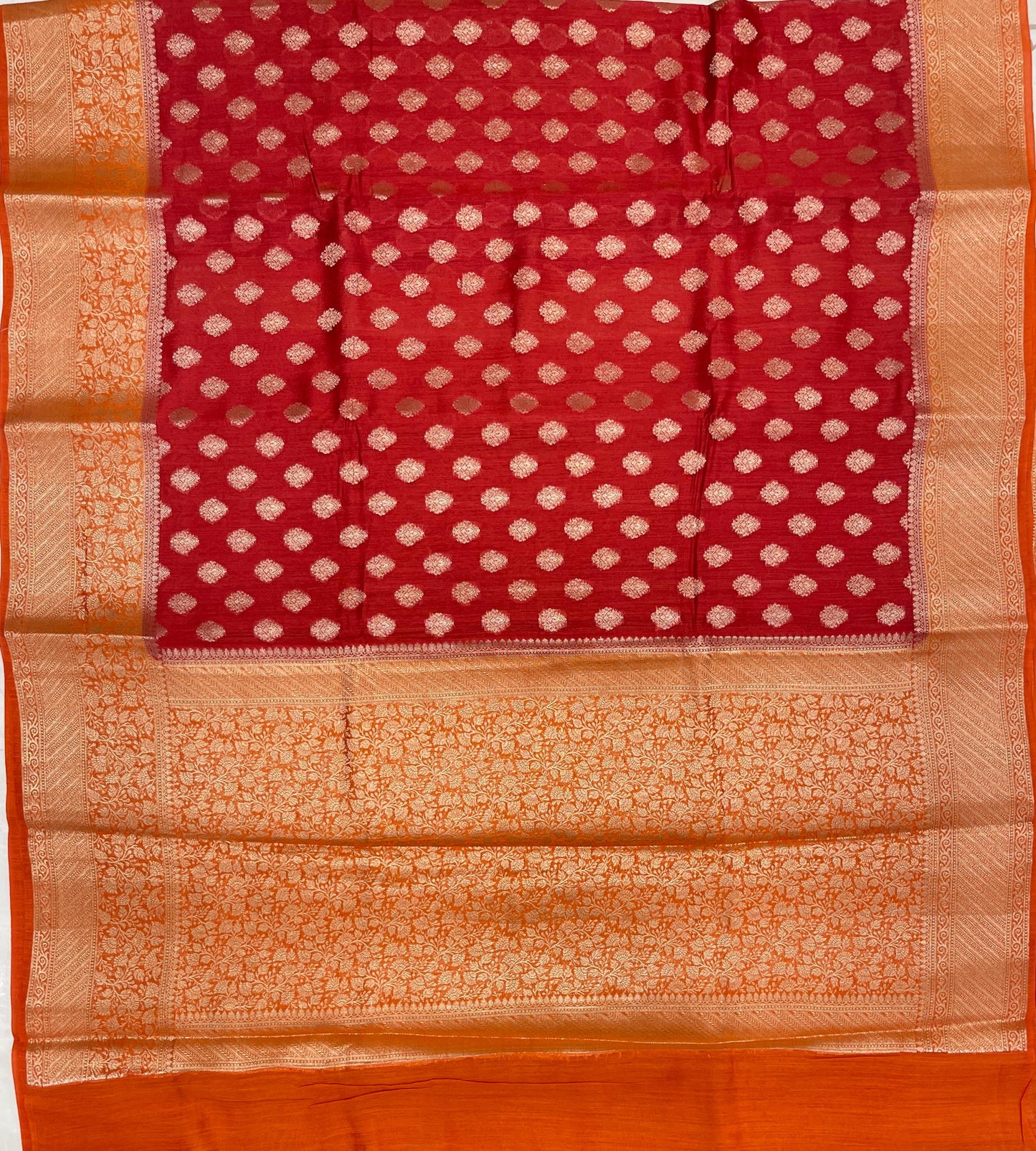 Faishana Pure Handloom Red Munga Silk Floral Gold Zari Booti with Contrast Orange Floral Jaal Pallu Skirt Dual Shade Zari Border with Orange Blouse