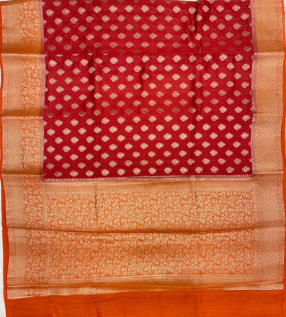 Faishana Pure Handloom Red Munga Silk Floral Gold Zari Booti with Contrast Orange Floral Jaal Pallu Skirt Dual Shade Zari Border with Orange Blouse