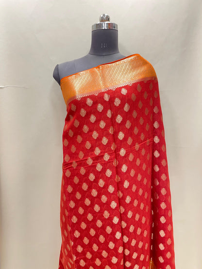 Faishana Pure Handloom Red Munga Silk Floral Gold Zari Booti with Contrast Orange Floral Jaal Pallu Skirt Dual Shade Zari Border with Orange Blouse