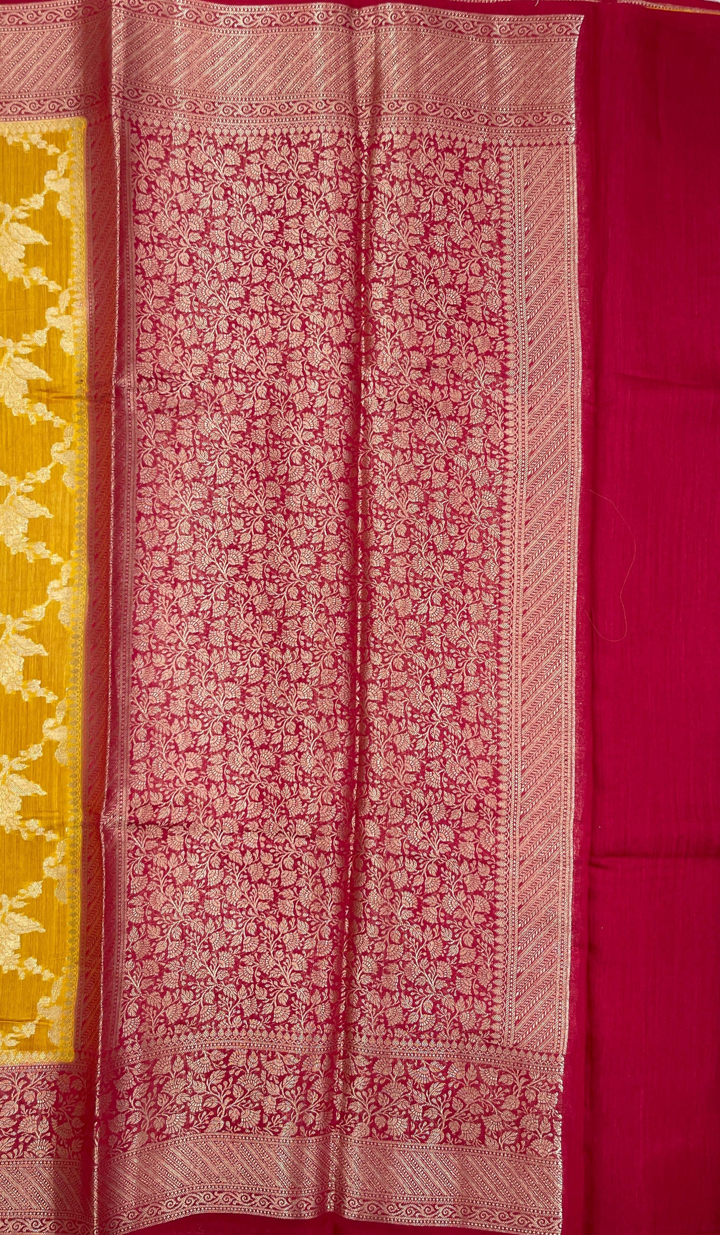 Faishana Pure Handloom Gold Munga Silk Floral Gold Zari Jaal with Contrast Pink Floral Jaal Pallu Skirt Dual Shade Zari Border with Pink Blouse
