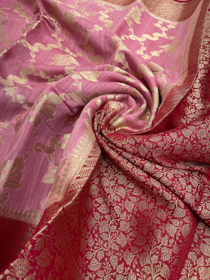Faishana Pure Handloom Rose Pink Munga Silk Floral Gold Zari Jaal with Contrast Pink Floral Jaal Pallu Skirt Dual Shade Zari Border with Pink Blouse