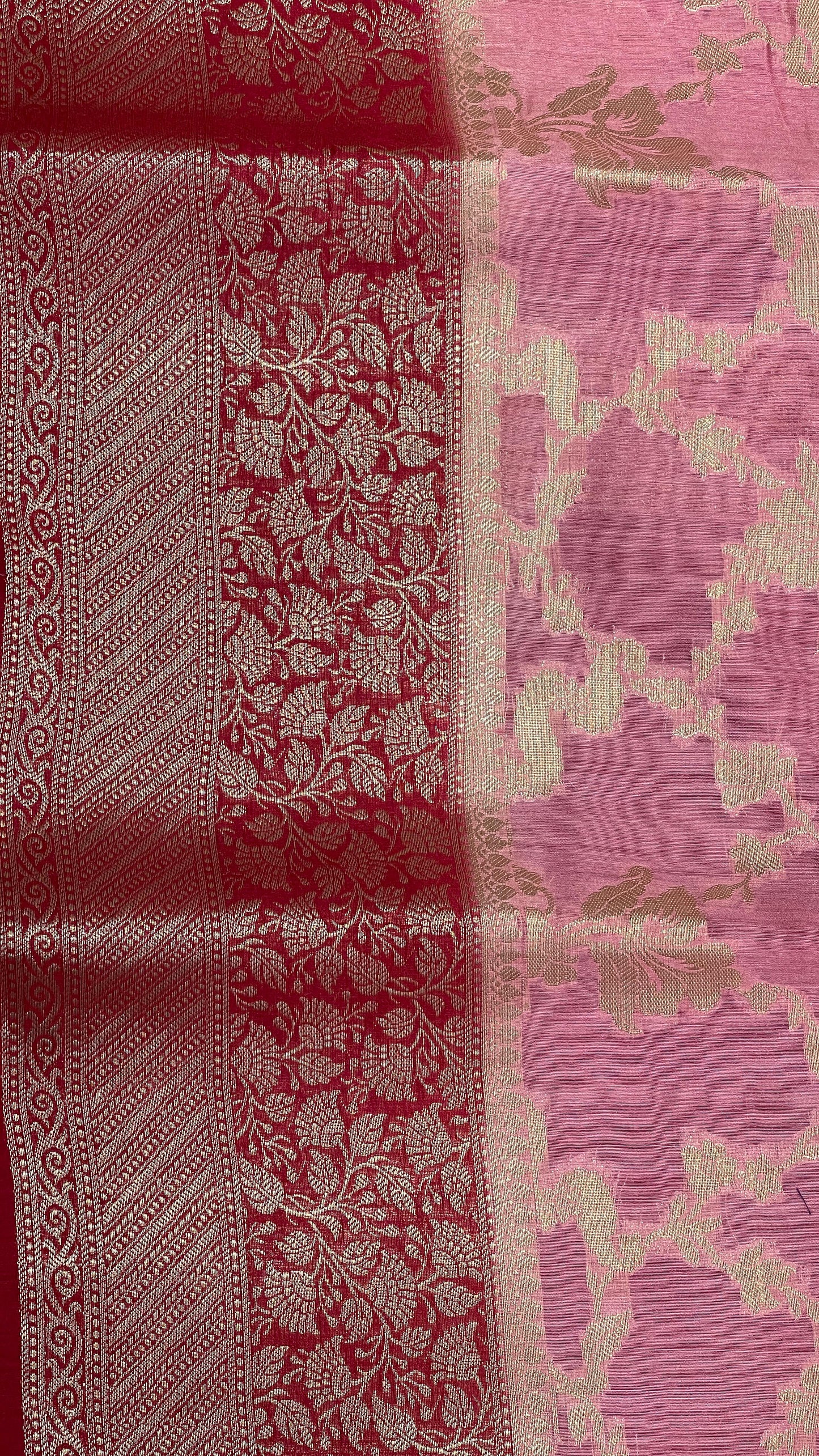 Faishana Pure Handloom Rose Pink Munga Silk Floral Gold Zari Jaal with Contrast Pink Floral Jaal Pallu Skirt Dual Shade Zari Border with Pink Blouse