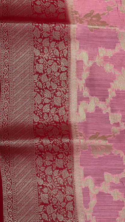 Faishana Pure Handloom Rose Pink Munga Silk Floral Gold Zari Jaal with Contrast Pink Floral Jaal Pallu Skirt Dual Shade Zari Border with Pink Blouse