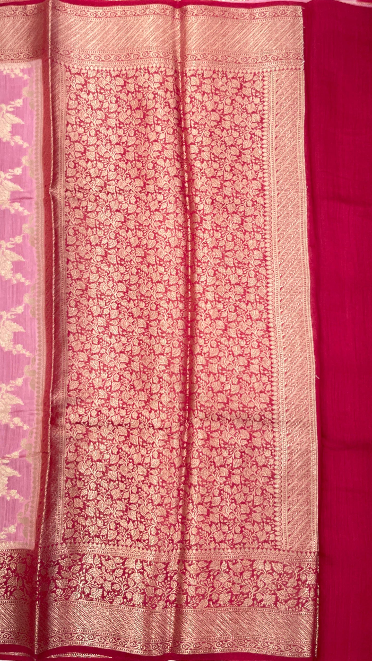 Faishana Pure Handloom Rose Pink Munga Silk Floral Gold Zari Jaal with Contrast Pink Floral Jaal Pallu Skirt Dual Shade Zari Border with Pink Blouse