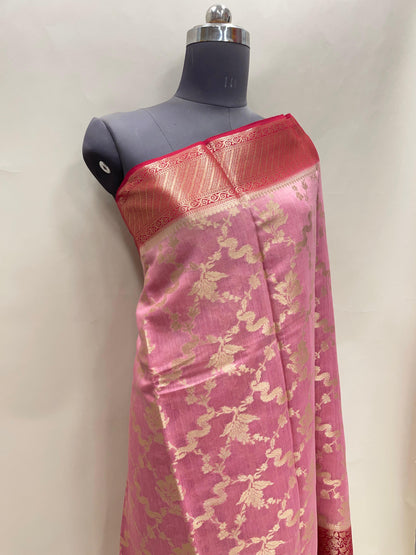 Faishana Pure Handloom Rose Pink Munga Silk Floral Gold Zari Jaal with Contrast Pink Floral Jaal Pallu Skirt Dual Shade Zari Border with Pink Blouse