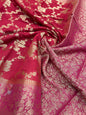 Faishana Pure Handloom Dark Pink Munga Silk Floral Gold Zari Jaal with Contrast Floral Jaal Skirt Dual Shade Zari Border with Magenta Blouse