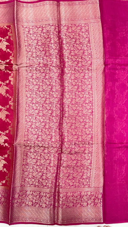 Faishana Pure Handloom Dark Pink Munga Silk Floral Gold Zari Jaal with Contrast Floral Jaal Skirt Dual Shade Zari Border with Magenta Blouse