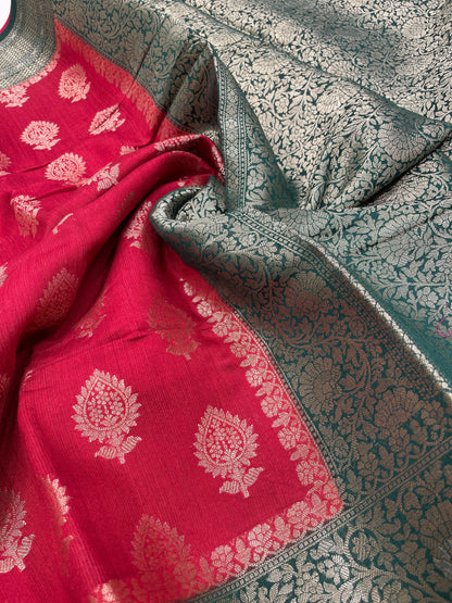 Faishana Pure Handloom Red Munga Silk Floral Gold Zari Booti with Contrast Green Floral Jaal Pallu Skirt Dual Shade Mina Zari Border with Green Blouse