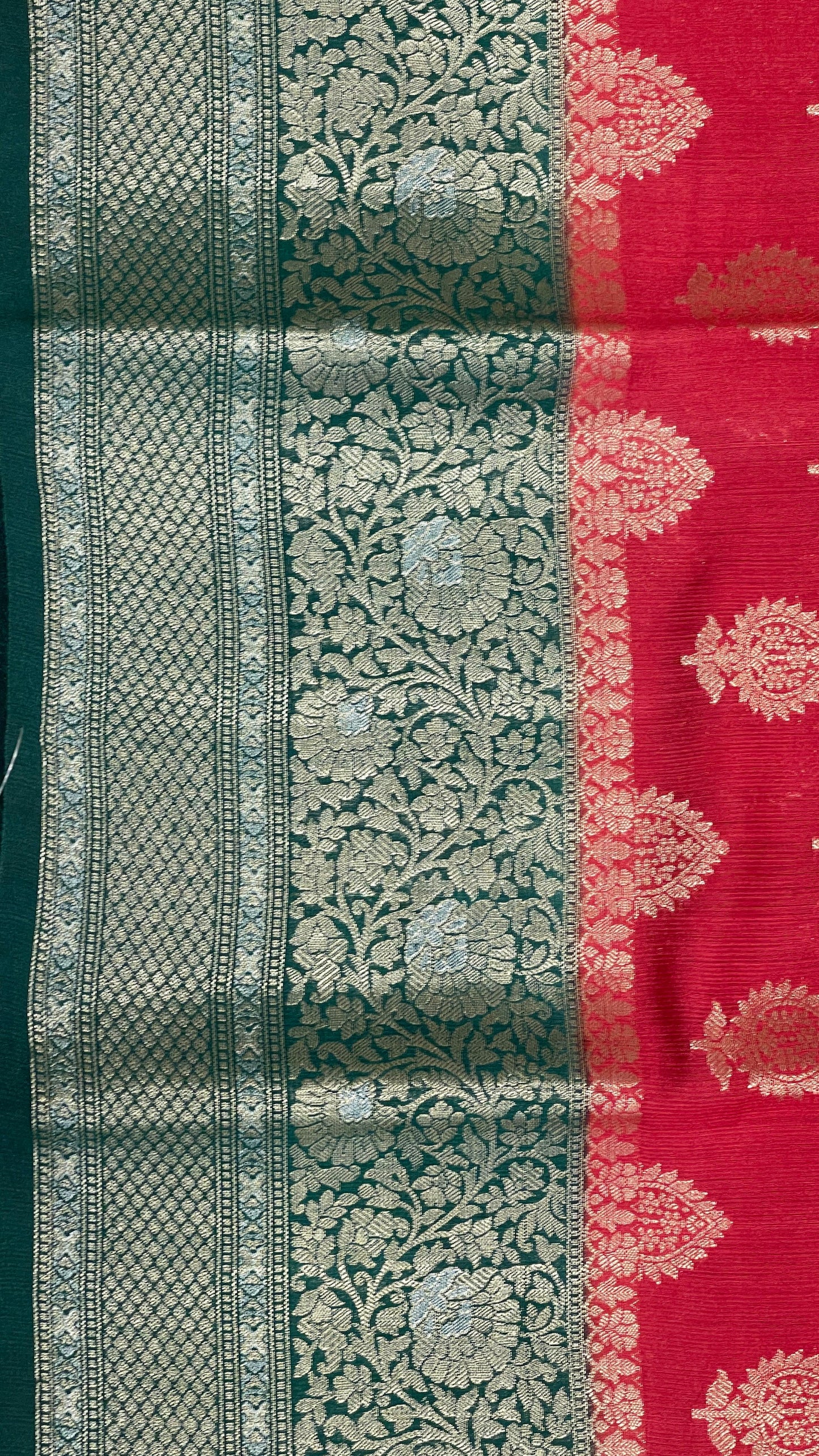 Faishana Pure Handloom Red Munga Silk Floral Gold Zari Booti with Contrast Green Floral Jaal Pallu Skirt Dual Shade Mina Zari Border with Green Blouse
