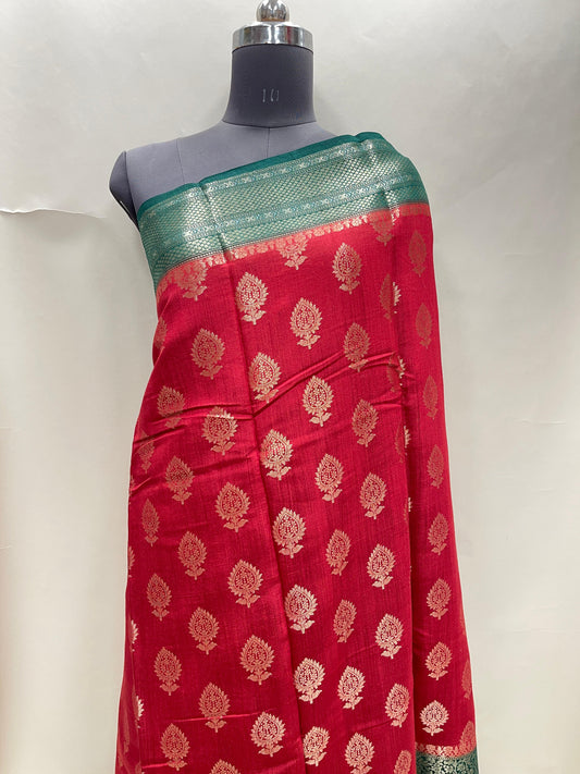 Faishana Pure Handloom Red Munga Silk Floral Gold Zari Booti with Contrast Green Floral Jaal Pallu Skirt Dual Shade Mina Zari Border with Green Blouse
