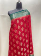 Faishana Pure Handloom Red Munga Silk Floral Gold Zari Booti with Contrast Green Floral Jaal Pallu Skirt Dual Shade Mina Zari Border with Green Blouse