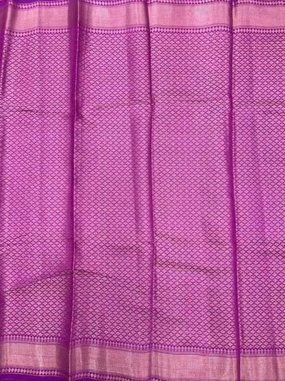 Faishana Pure Handloom Magenta Munga Silk Floral Copper Zari Jaal with Contrast Purple Polka Dot Pallu Skirt Dual Shade Mina Zari Border with Purple Blouse