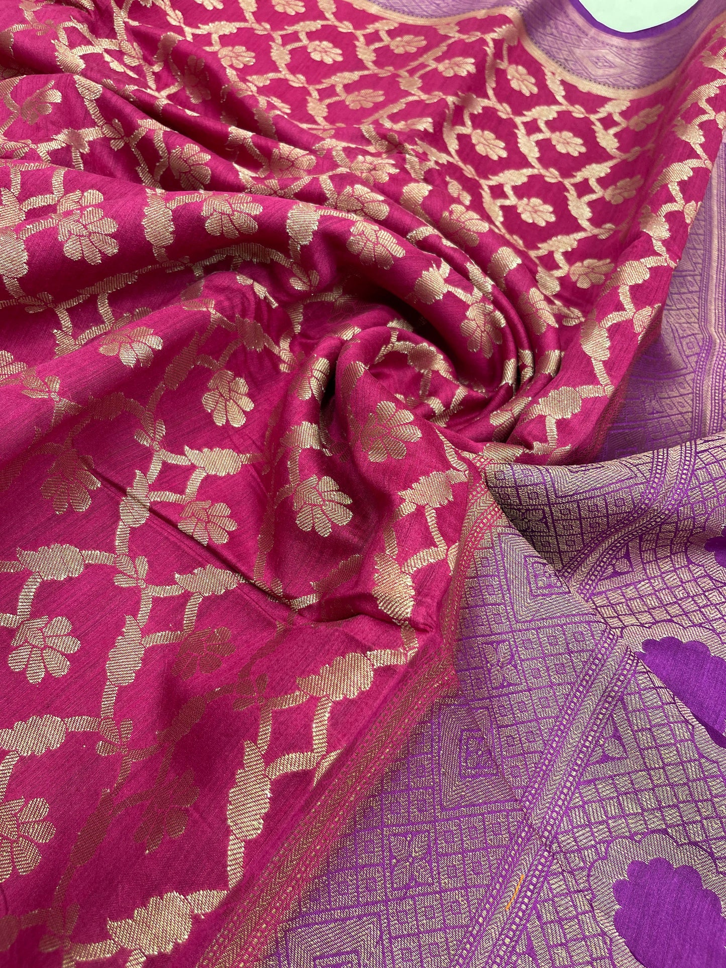 Faishana Pure Handloom Magenta Munga Silk Floral Copper Zari Jaal with Contrast Purple Polka Dot Pallu Skirt Dual Shade Mina Zari Border with Purple Blouse