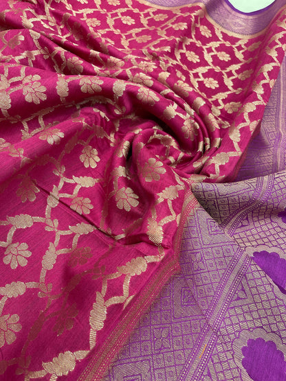 Faishana Pure Handloom Magenta Munga Silk Floral Copper Zari Jaal with Contrast Purple Polka Dot Pallu Skirt Dual Shade Mina Zari Border with Purple Blouse