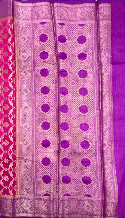 Faishana Pure Handloom Magenta Munga Silk Floral Copper Zari Jaal with Contrast Purple Polka Dot Pallu Skirt Dual Shade Mina Zari Border with Purple Blouse
