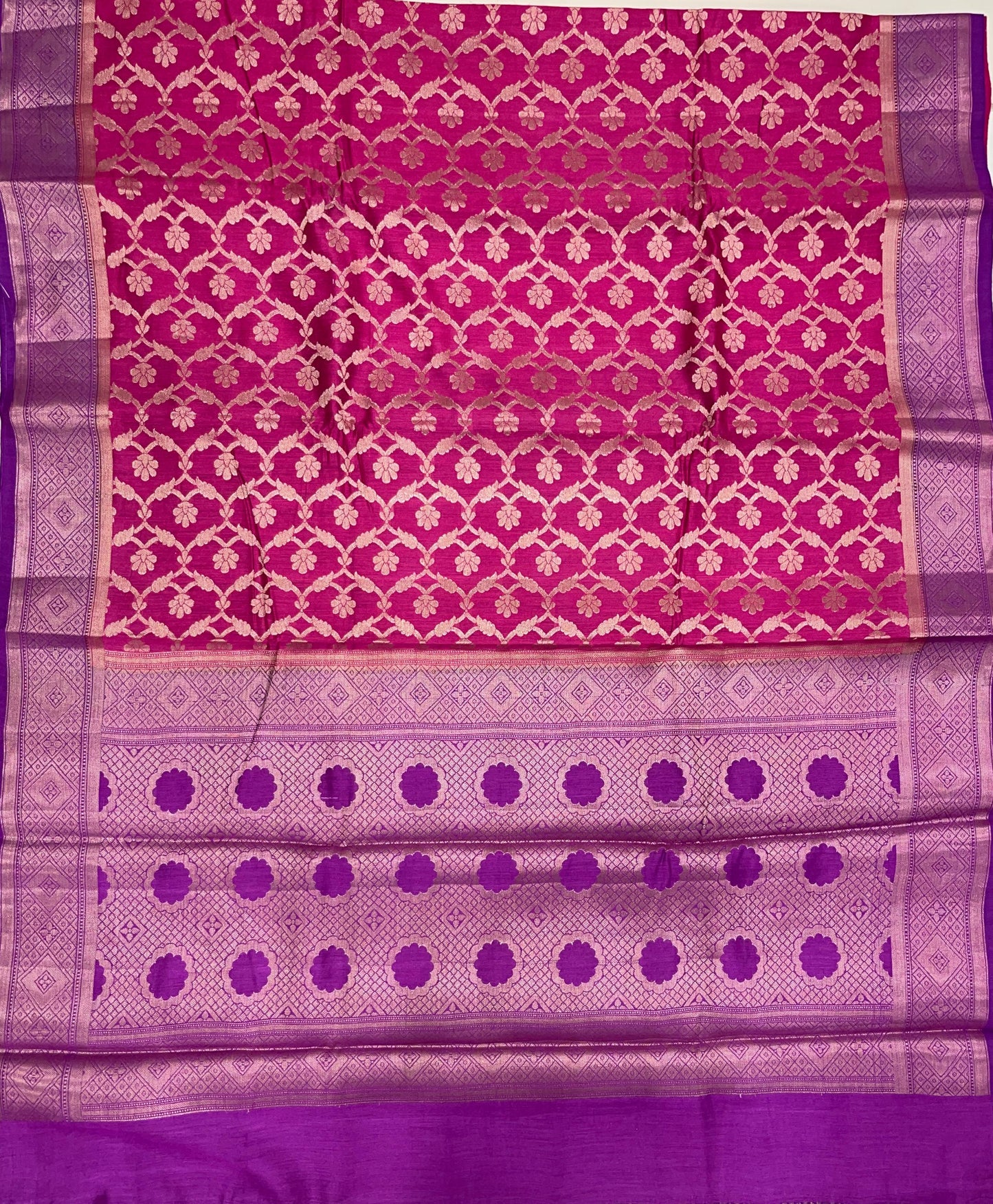 Faishana Pure Handloom Magenta Munga Silk Floral Copper Zari Jaal with Contrast Purple Polka Dot Pallu Skirt Dual Shade Mina Zari Border with Purple Blouse