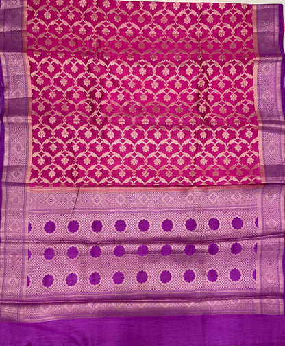 Faishana Pure Handloom Magenta Munga Silk Floral Copper Zari Jaal with Contrast Purple Polka Dot Pallu Skirt Dual Shade Mina Zari Border with Purple Blouse
