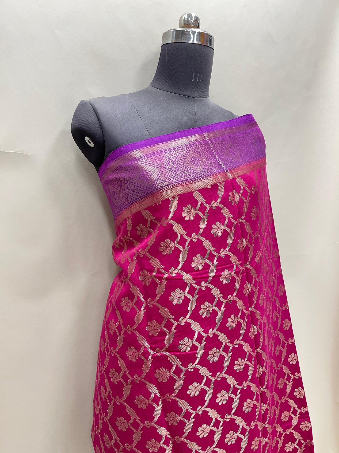 Faishana Pure Handloom Magenta Munga Silk Floral Copper Zari Jaal with Contrast Purple Polka Dot Pallu Skirt Dual Shade Mina Zari Border with Purple Blouse